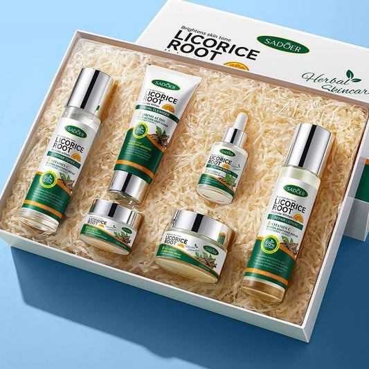 Sadoer Licorice Root Whitening Skin Care Set displayed in a gift box, featuring six skincare products for brightening.